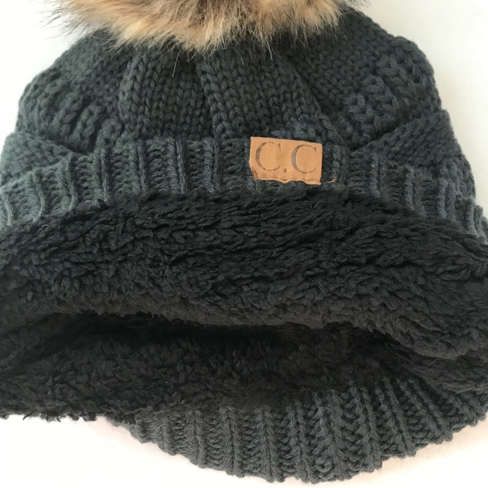 C.C Dark Grey Cable Knit Beanie Faux Fur Pom Pom - Picture 3 of 4